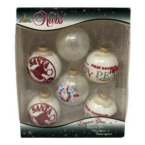 6 Krebs Christmas Ball Ornaments Red White Stencil Glitter Round Glass Santa USA